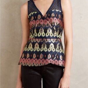 $168 NWT Anthropologie Jacquard Yana HD In Paris Navy and Gold Patterned Blouse